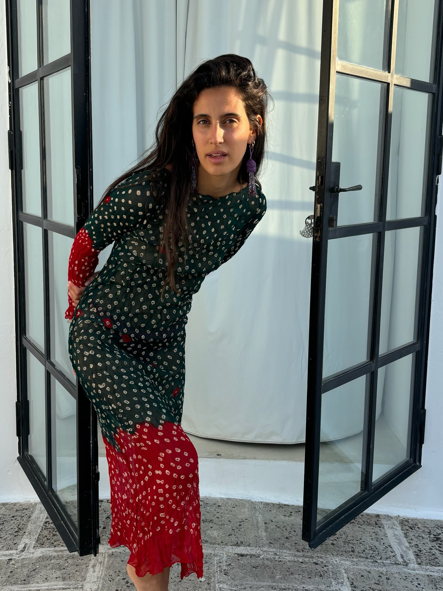 Saf Chunri Long Dress in Green & Red Darlaman Saf Chunri Long Dress in Green & Red Darlaman