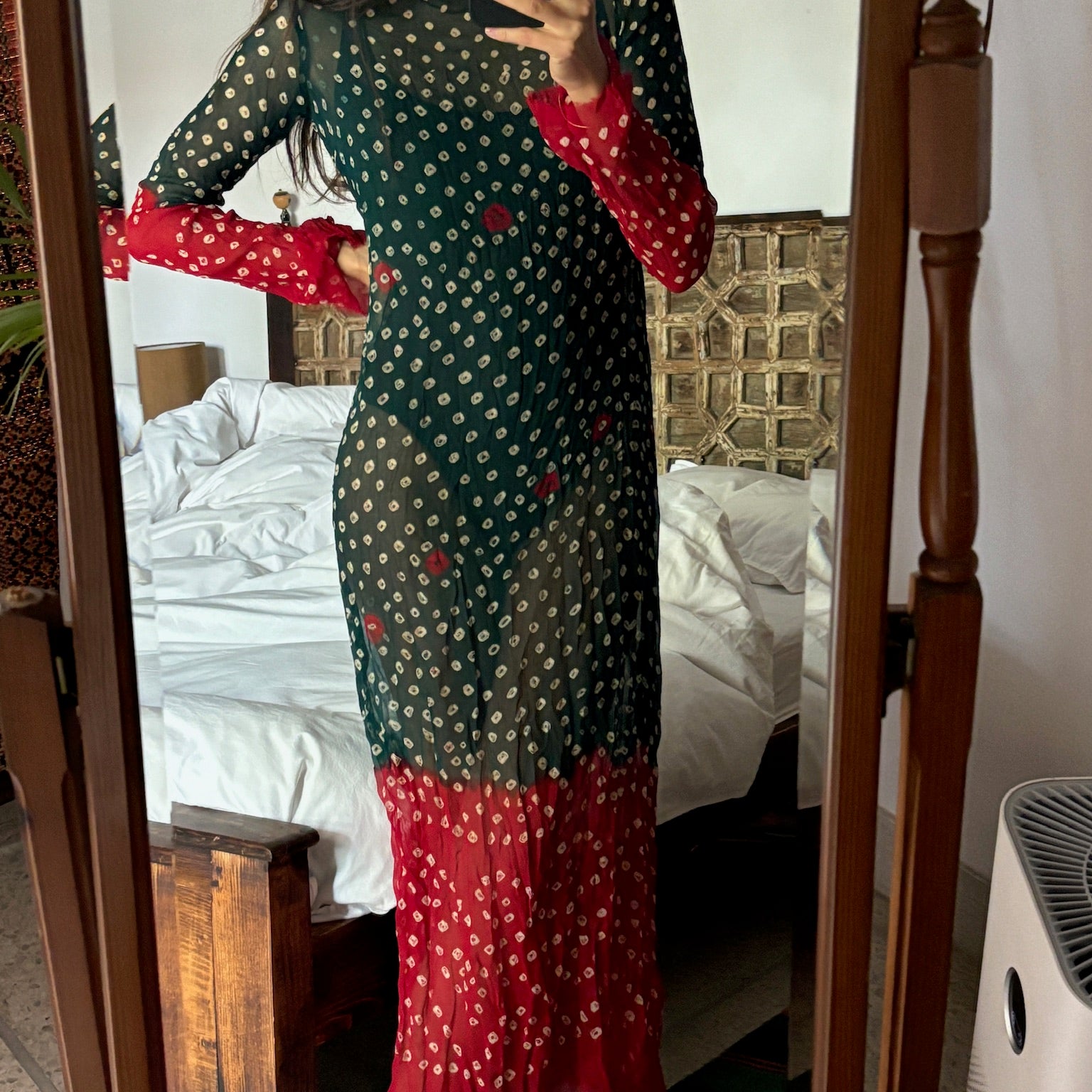 Saf Chunri Dress in Green & Red - LONG
